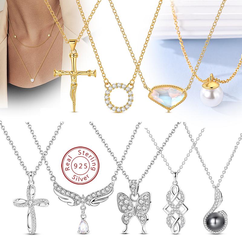 Copper Metal Chain Necklace Angel Wing Butterfly Pearl Heart Cross Necklace Designed For Women Trendy Fashion Simple Neck Chain High Quality Fine
