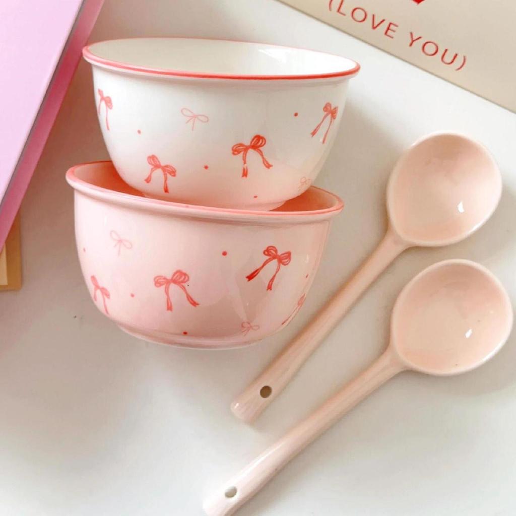 Pink Ceramic Bowl Spoon Set with Unique Underglaze Color Bowknot Pattern Suitable for Ice Cream Soup Rice