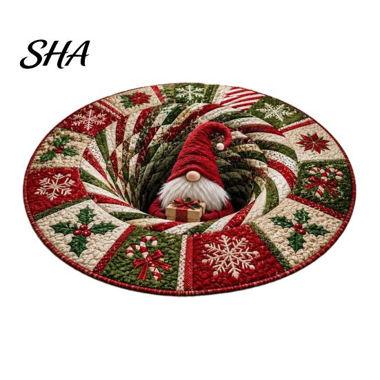 Soft Crystal Velvet Carpet Round Christmas 3D Rug, Optical Illusion Area Santa Claus Gnome Quilted-Like Comfortable Barefoot Floor Mat Anti-slip