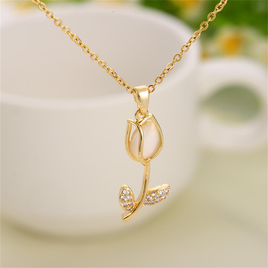 Elegant Stainless Steel Opal Tulip Flower Pendant Necklace For Women Delicate Rose Floral Clavicle Chain Choker Wedding Jewelry