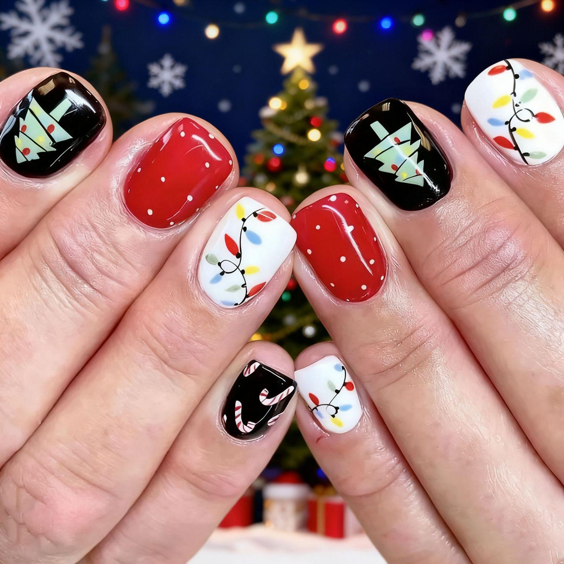 

Europe and the United States hot-selling Christmas manicure sweet cartoon Christmas tree lights polka dot short wear nail film Free jelly glue + rubbing strips