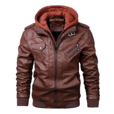 Male PU Hooded Collar Zipper Autumn Casual Slim Windbreaker Chaquetas Motorcycle Leather Jacket Men Winter Fleece Tactics Coat