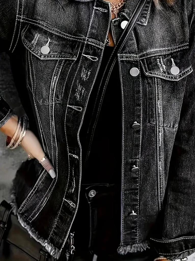 Smoke Gray Long Sleeve Women's Denim Jacket with Ripped Gray-White Frayed Hem