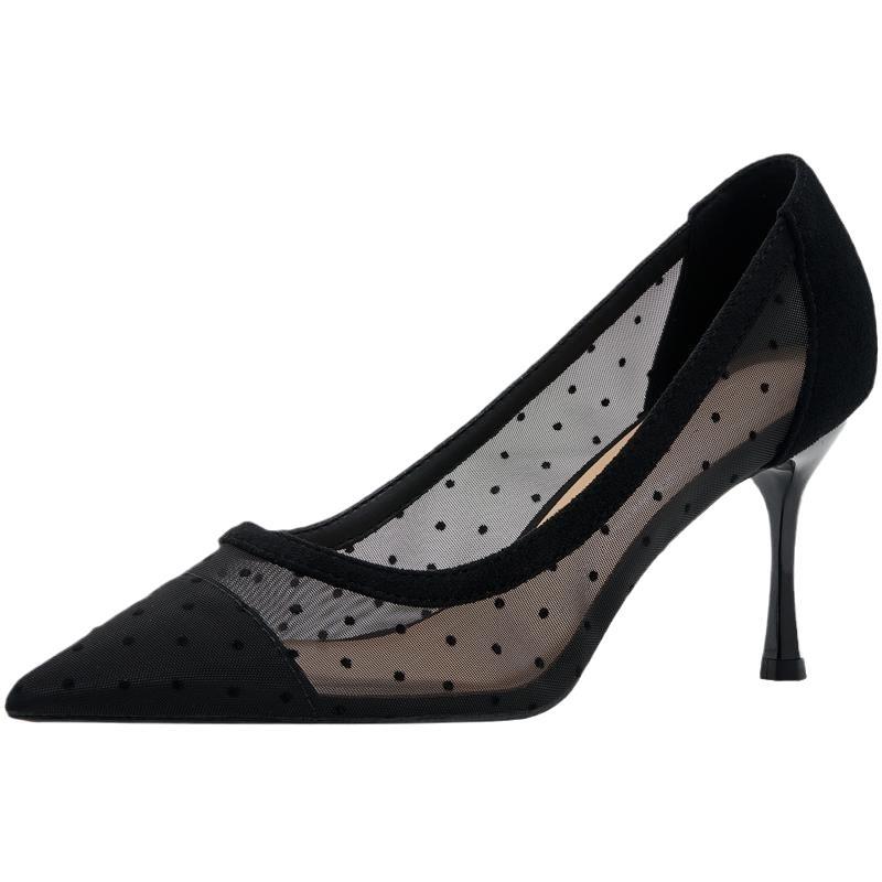 Black mesh high heels spring 2025 new versatile stiletto breathable small size hollow lace large size women's shoes