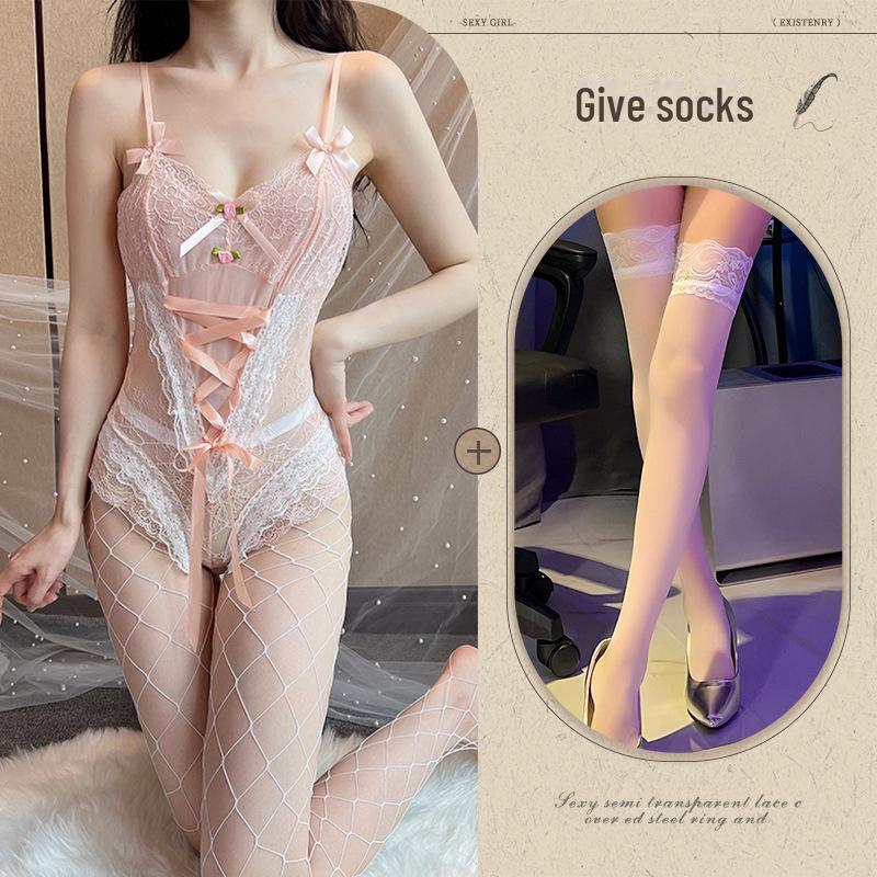 Sweet Candy Color Lace Lingerie Jumpsuit with Temptation Straps and Open Crotch