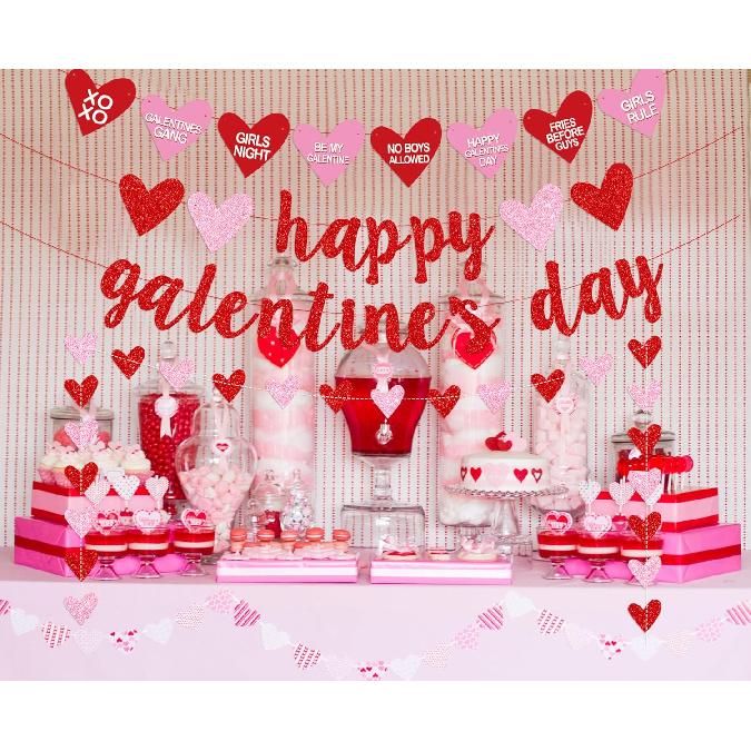 Deneo Happy Galentine s Day Banner, Red Glittery Galentine’s Day Decorations with Heart Garland Hanging Swirls, Ladies Girls Happy Valentine’s
