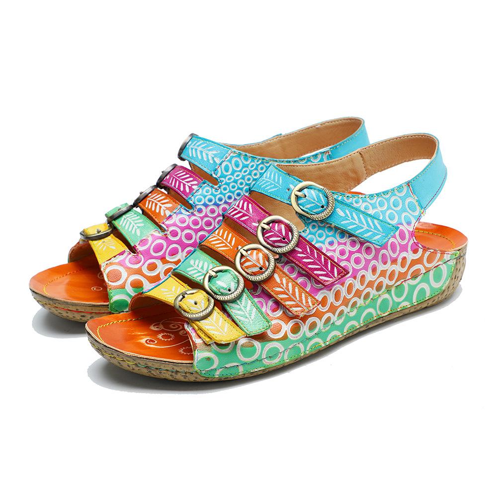 Johnature Echtes Leder Retro Damen Schuhe Sommer Farbe flache Sandalen Komfort atmungsaktive handbemalte Strandsandalen