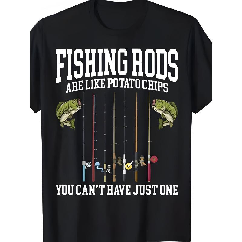 

European sizes Men s Funny Fishing T-Shirt Casual Round Neck Short Sleeve with A Fishing Rod is Like Potato Chips Print Tee 4XL чорний