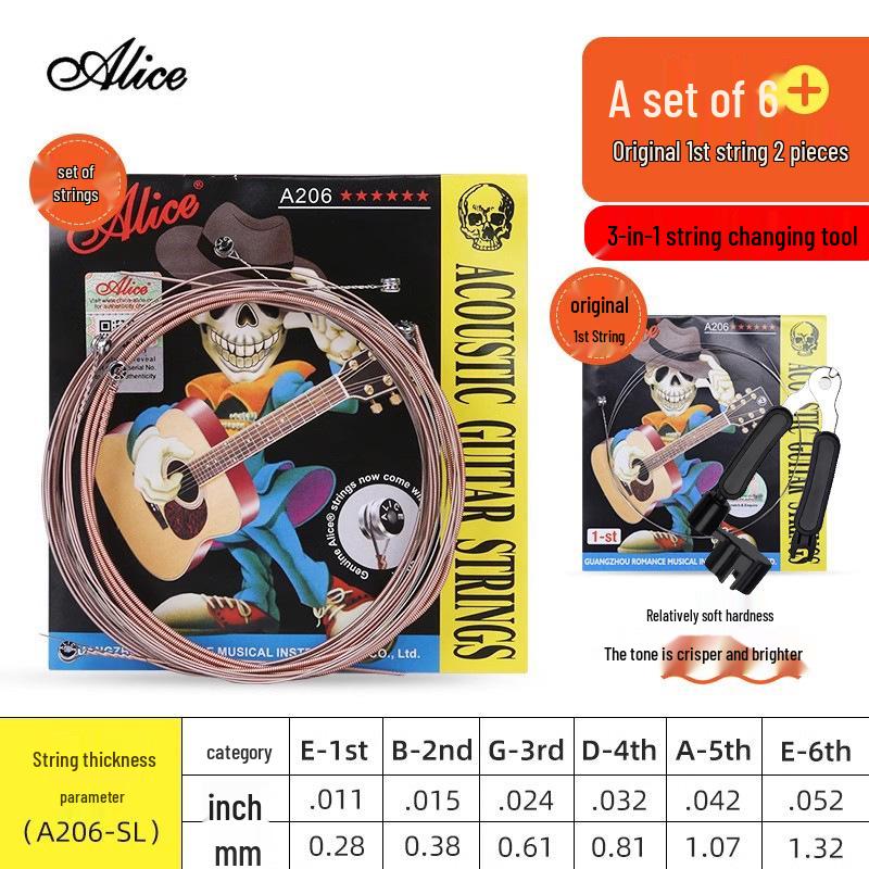 Corde per Chitarra Acustica Alice Folk - Set Completo da 6 (Corde 1ª, 2ª, 3ª come Singole)