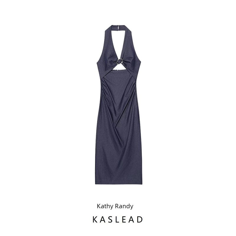 Kaslead New Arrival Women's Clothing Fashion Style Opening Design Hanging Collar Midi Skirt Dress 3564094