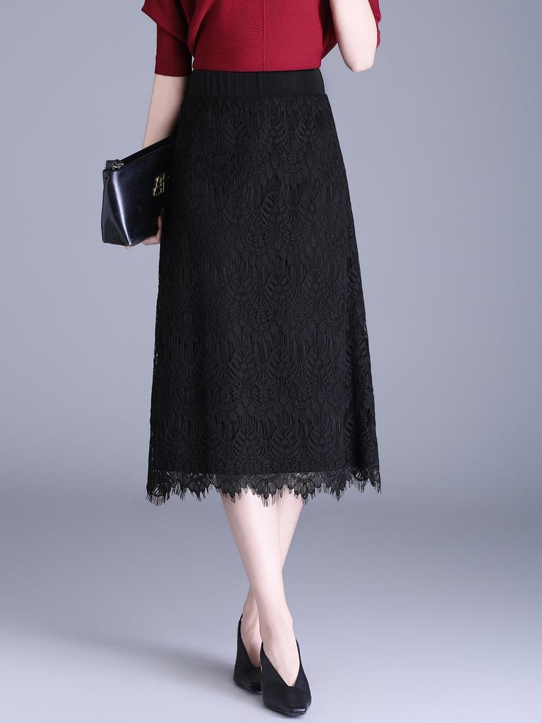 2026 Spring/Summer Black Lace Korean Style Slim Midi A-line Skirt