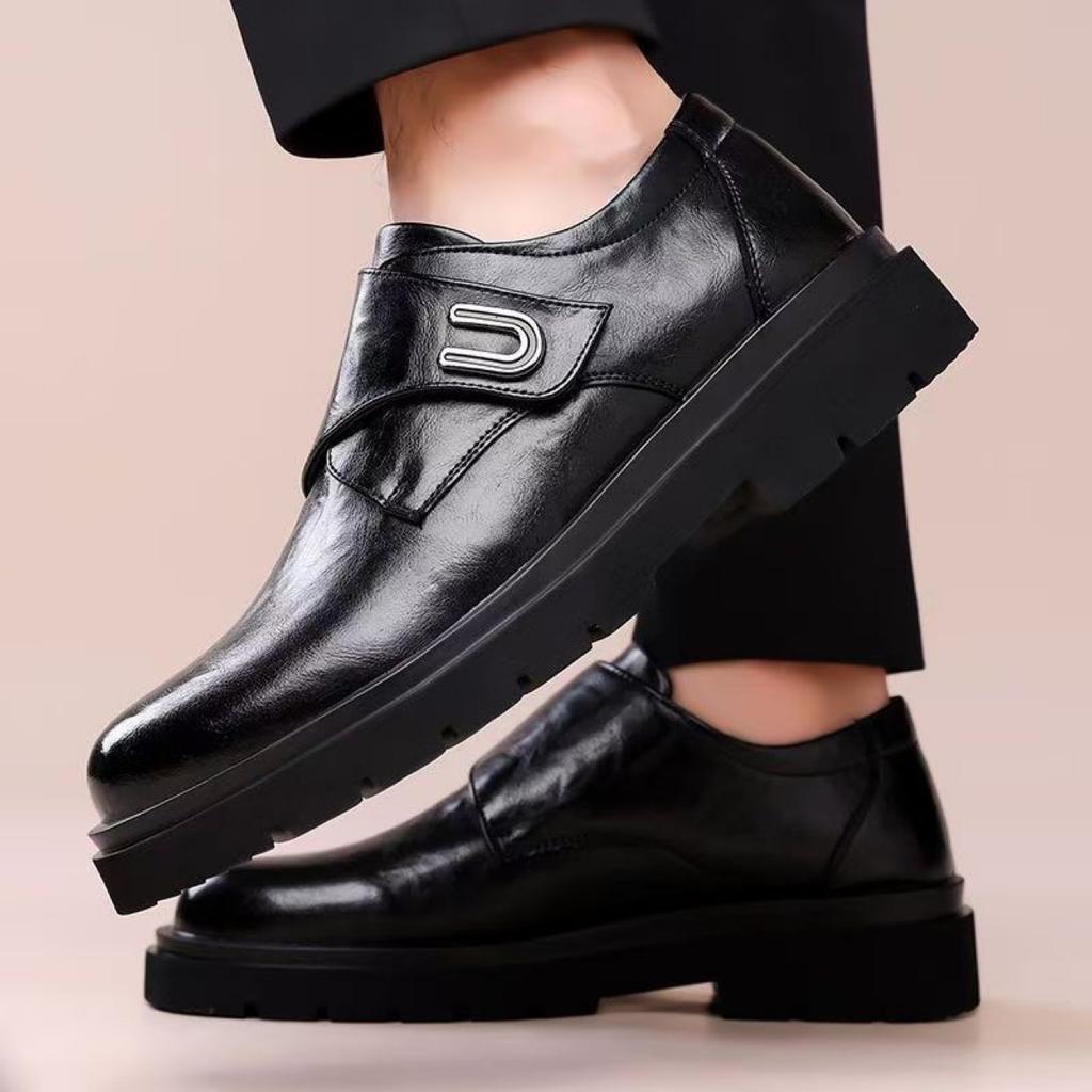 Autumn new casual leather shoes round head strap-free foot cover heightening business leather shoes