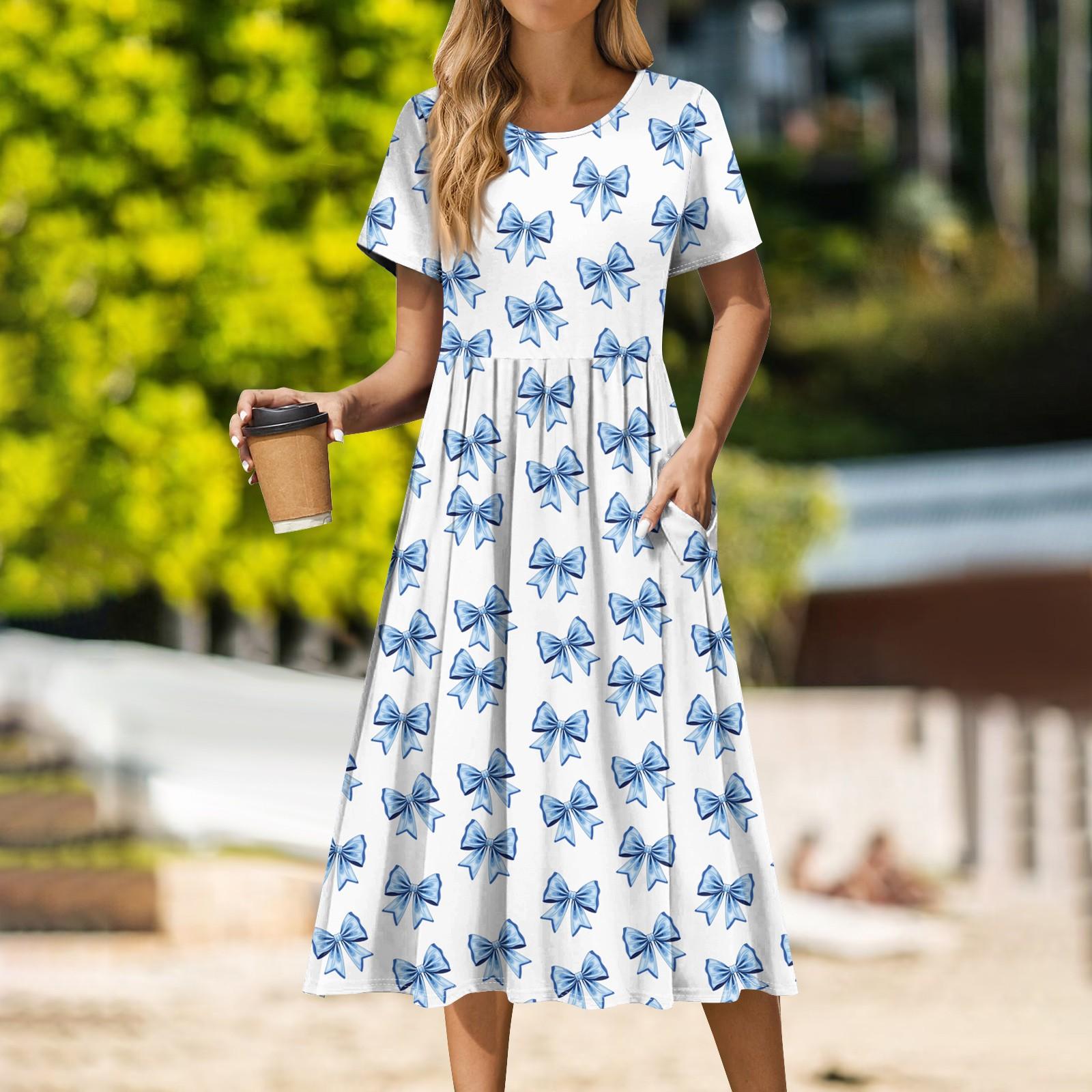 

Женское повседневное платье миди с круглым вырезом и принтом, классическое повседневное свободное платье с коротким рукавом, летнее S