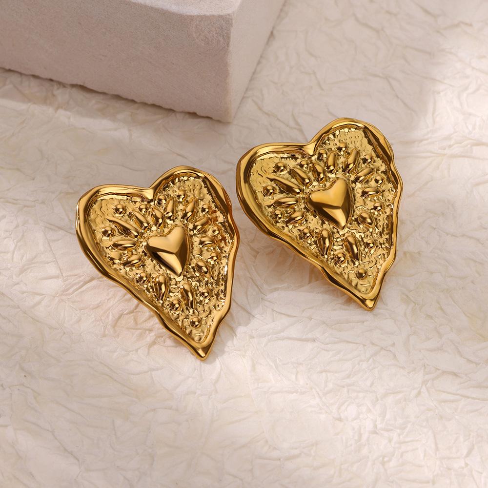 Stainless Steel Irregular Heart Texture Stud Earring for Women Gold Heart Wedding Aesthetic Earring Jewelry Accessories