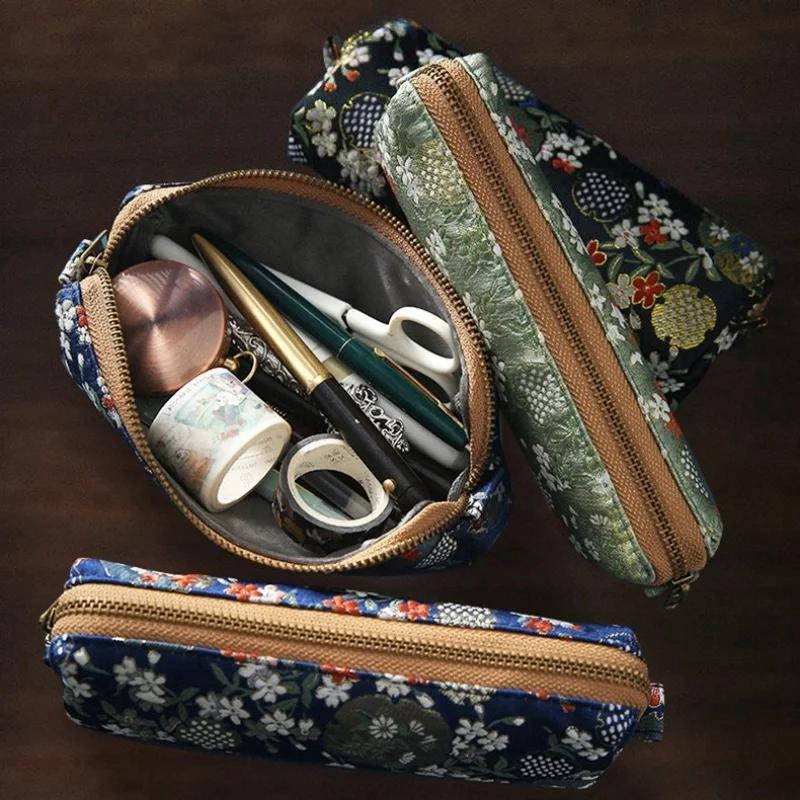 Vintage Embroidery Pencil Case Art Flower Bird Silk Brocade Pen Bags School Supplies Household Sundry Storage Pouch Kids Gifts