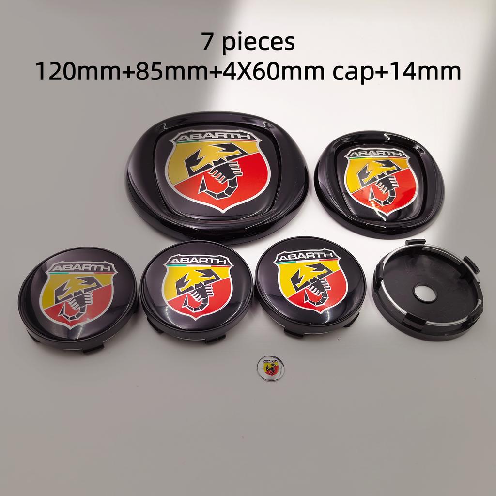 8pcs fiat Abarth Car Front grill front Rear Bumper tail door trunk Emblem 85/95/100/120mm Wheel Center Hub Cap Badge Rim Cover