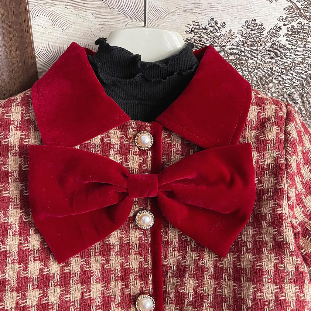 Winter Edition Girls Red Grid Bow Set Baby Cotton Two Piece Toddler Girl Clothes