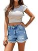 2025 Summer Women's Ripped Raw Hem Stretchy Denim Shorts in Washed Style