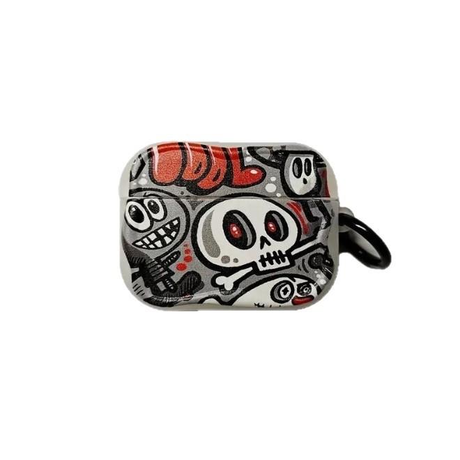 Cartoon Q version of the little monster skull pattern black round buckle personality creative color corrugated edge for AirPods
