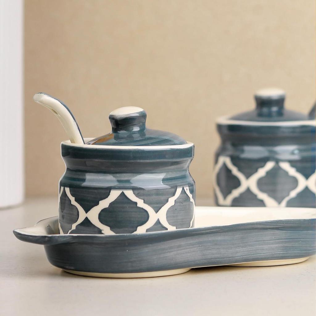 Grey Moroccan Ceramic Pickle Jar with Tray and Spoon | Jar with Lid | Ceramic Container for Pickle, Spices & Sauces | Barni with Lid, 250 ML Each