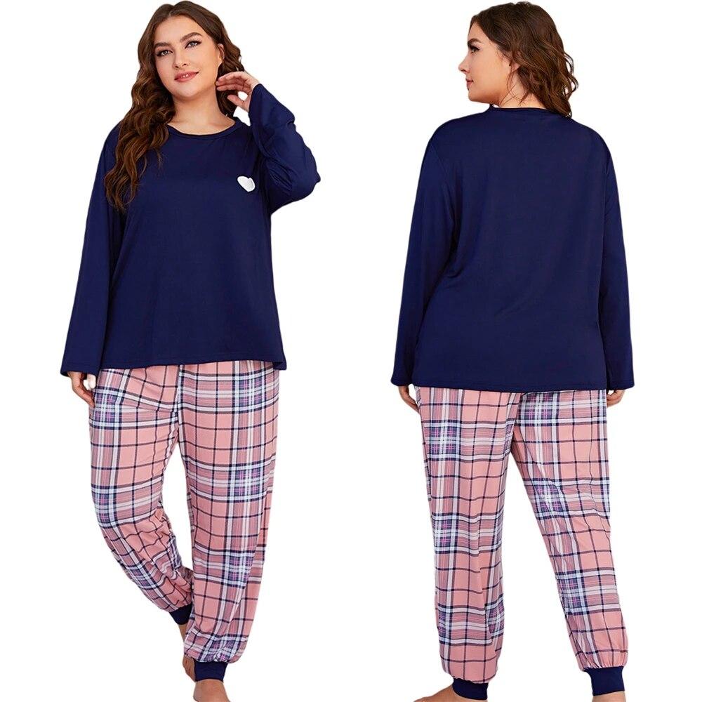 Set pijamale mărime mare pentru femei Pantaloni cu mâneci lungi Îmbrăcăminte acasă Gât rotund Pijamale 2 piese