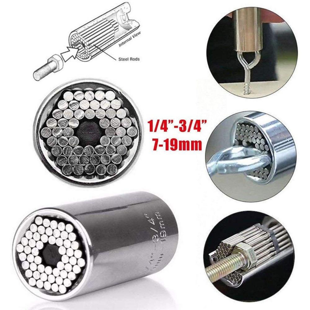 Metric 7-19mm Socket 3/8" Hex Shank Post 1/4"-3/4" Silver Ratchet Socket Universal Socket Tool with Electric Drill Adapter (Silver Socket + Post)