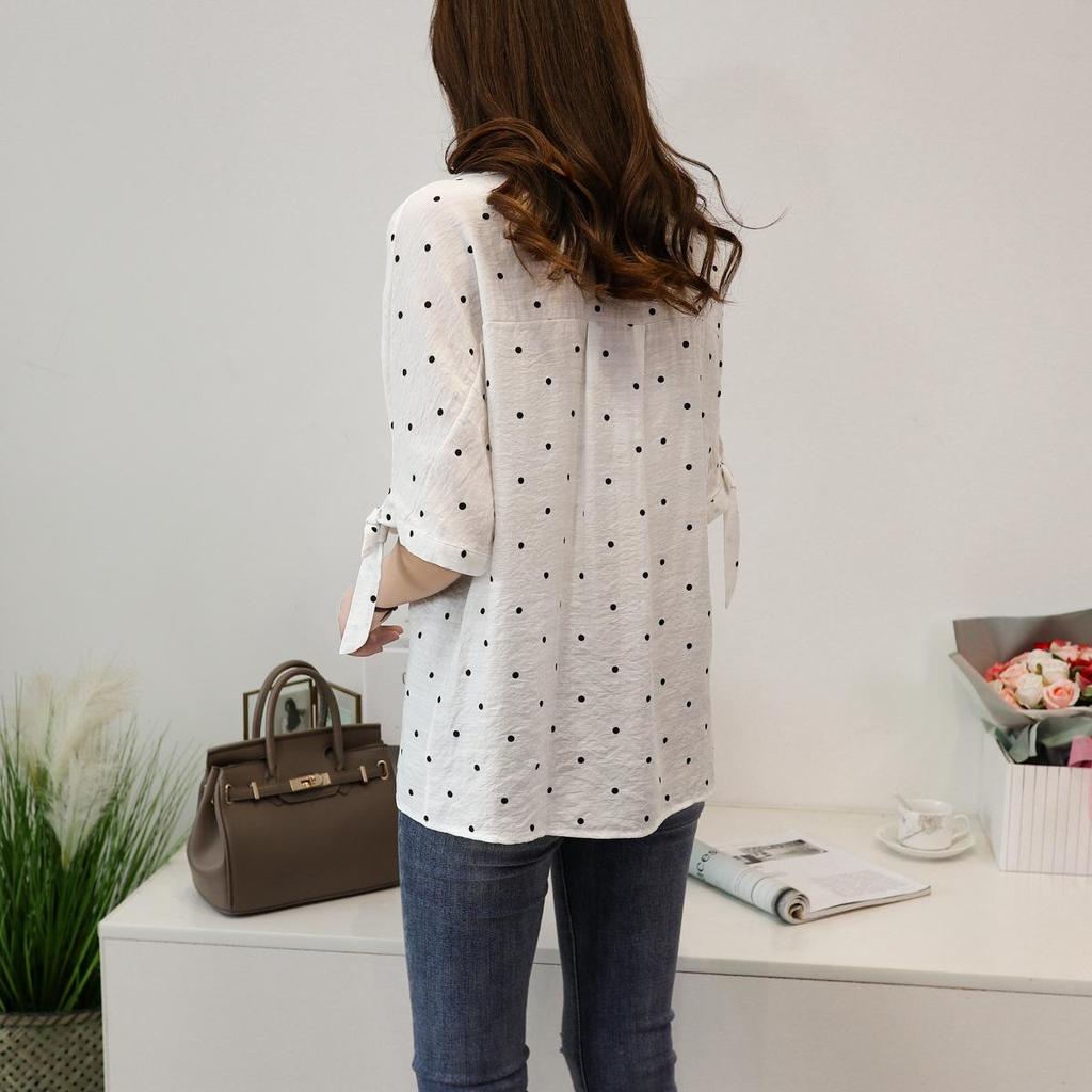 Polka Dot Long Sleeve White Blouse - Women's Korean Style Loose Fit, Slimming Top for Spring & Autumn 2025