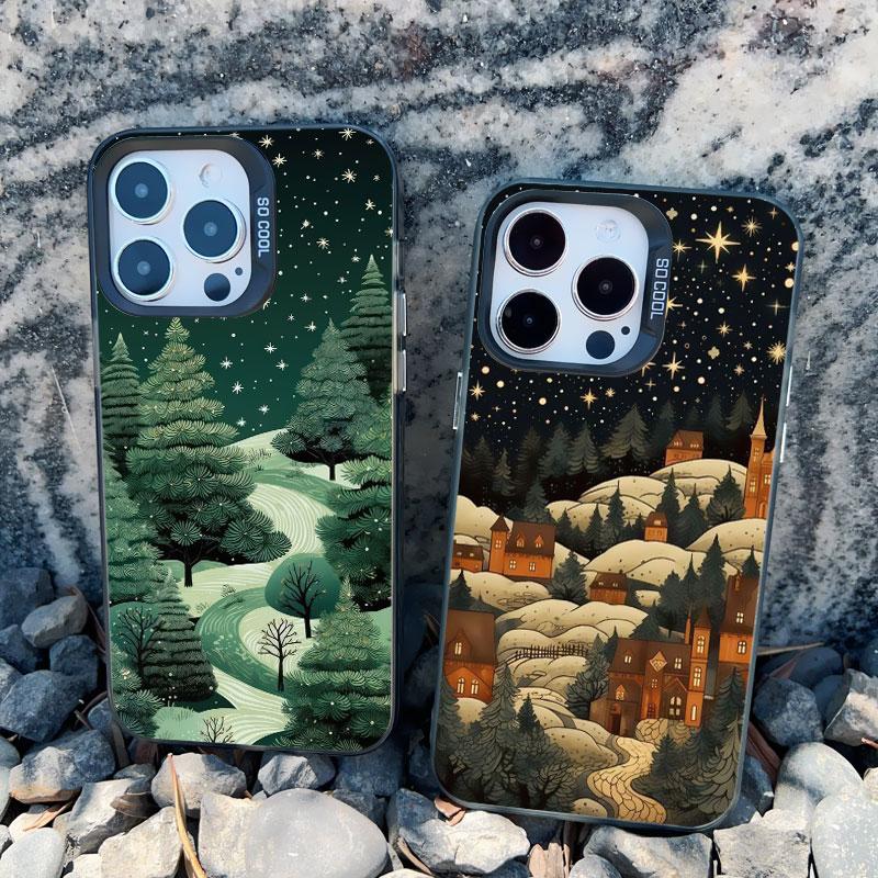 Forest Night Starry Sky Tree Moon Phone Case For Iphone 13 Mini 12 11 Pro Max 16 15 14 Pro Max Plus Shockproof Laser Back Covers