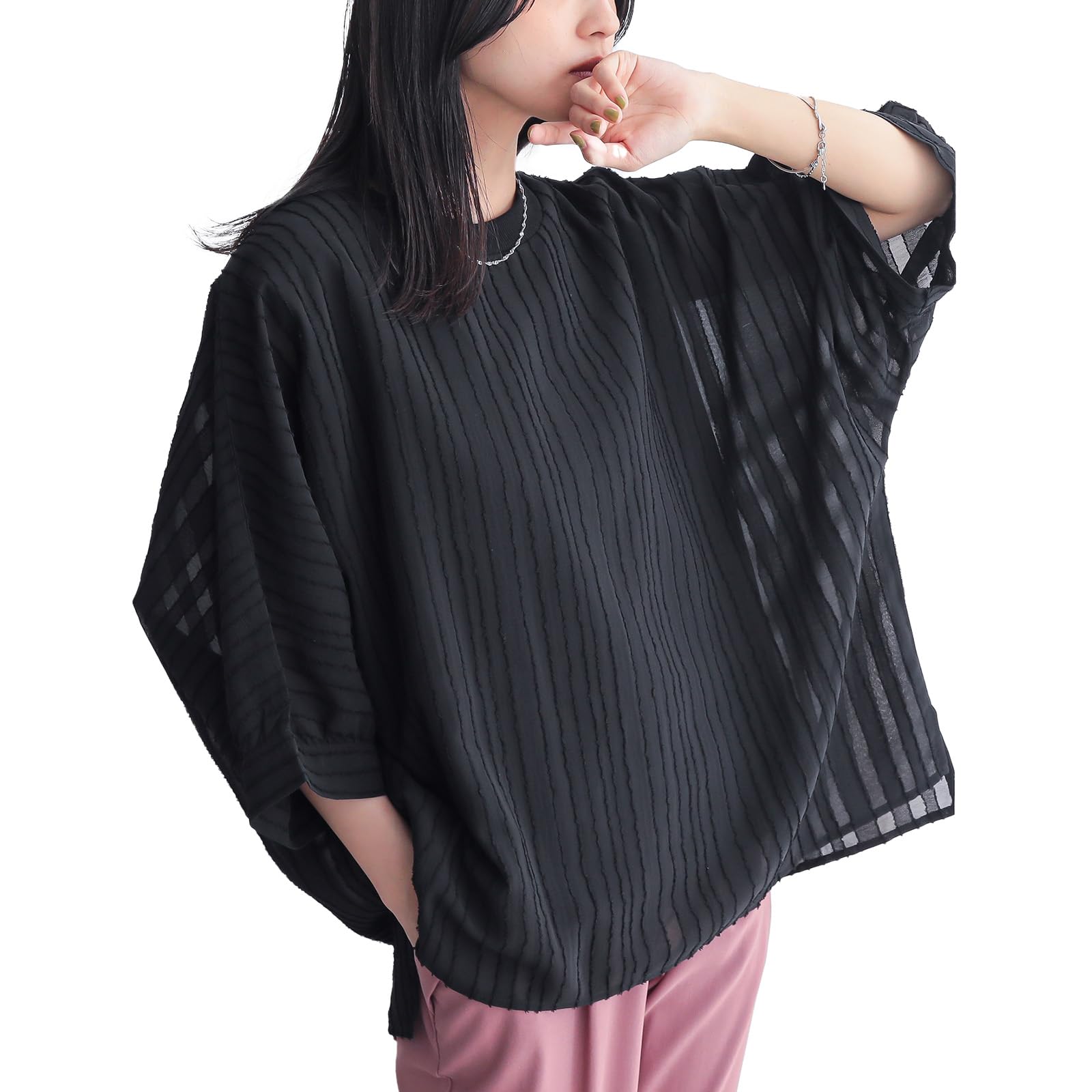 

Oshare Walker Jacquard Layered Cut and Short Dolman Round Plus Loose 12tn0k5 n OrLABEL [Cut Top] Women s Top, Sewn, Sleeves, 3/4 Sleeves, Style, чёрный