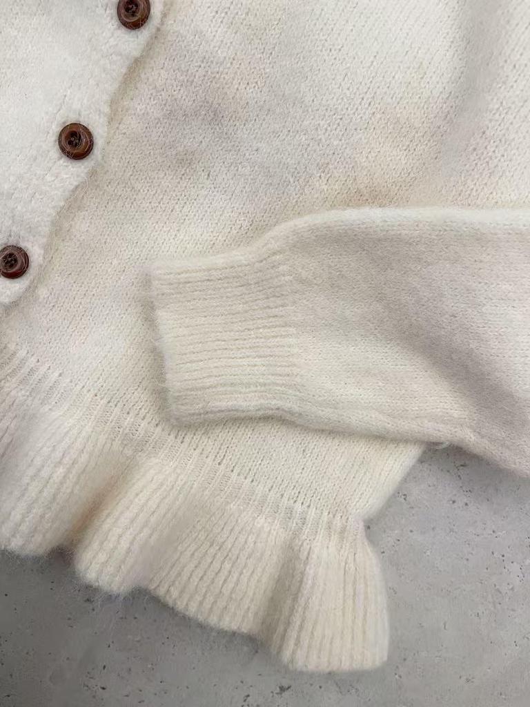 Women's Korean Round Neck Ruffled Hem Cardigan - Soft & Fluffy, Short Style for Early Autumn/Winter