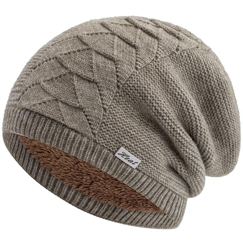 

New Style Unisex Warm Dandy Winter Hat Heat Metal Label Plush Fur Lined Soft Beanie Hat Thick Hats For Women Men Knitted Hat 56cm-60cm бежевий