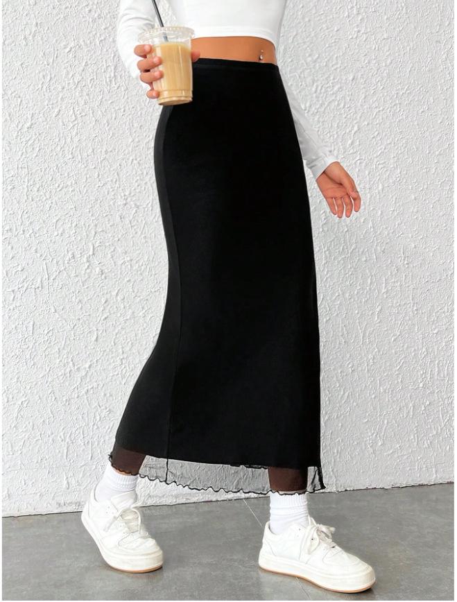 Spring Summer European American High-Waist Mesh Slit Skirt for Women