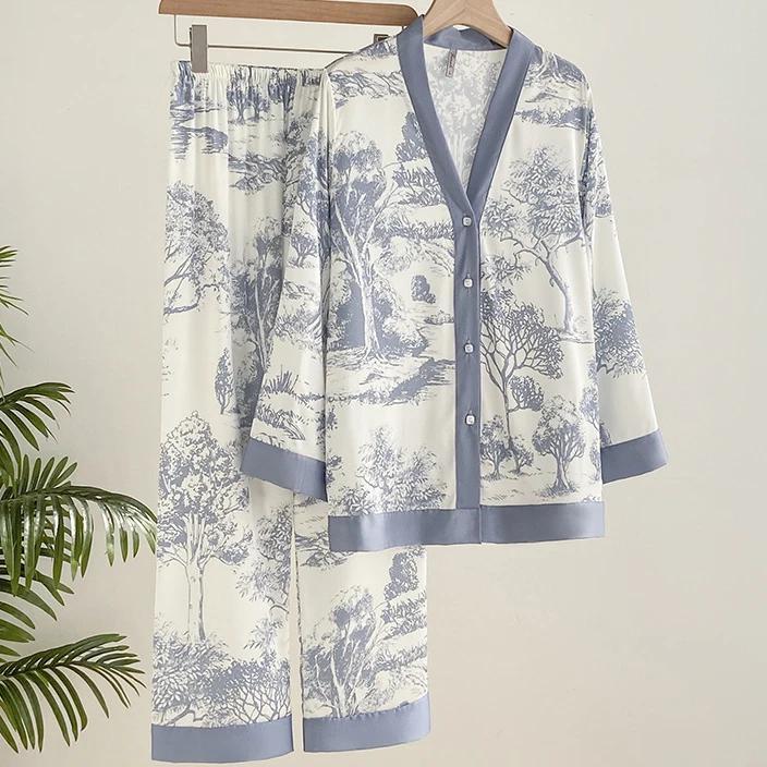 Printed Satin Pajamas Women's 2-piece Pajama Set Long-sleeved Trousers Pajama Set Loose Casual Home Wear Pajamas Casual Wear