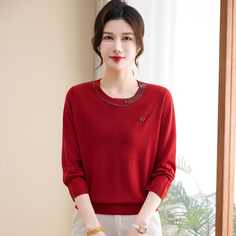 

Spring & Autumn Nine-Sleeve Plus Size Knitwear for Middle-Aged Women, Lapel Wool Base Layer T-shirt 3XL [65-72.5 kg]