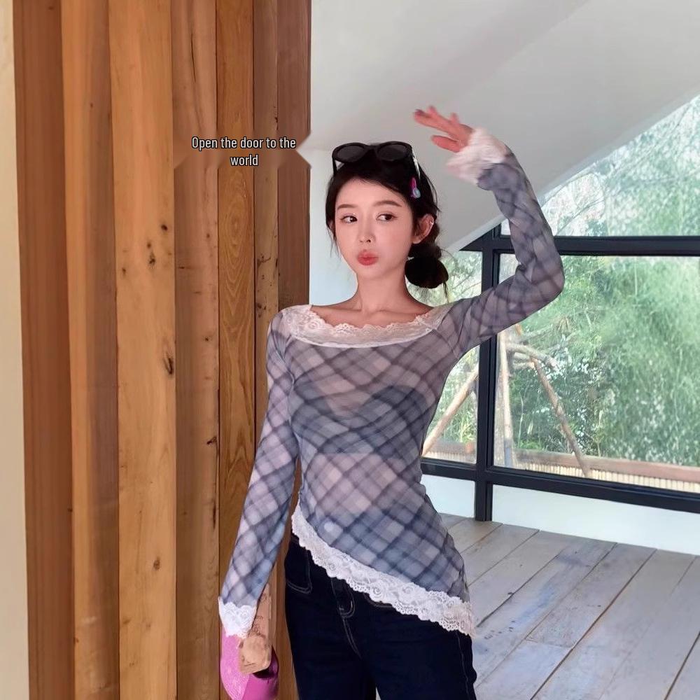 Dreizehn Zeilen 2025 Frühling Karomuster Spitzenbesatz Einseitige Schulter Langarm Oberteil für Damen