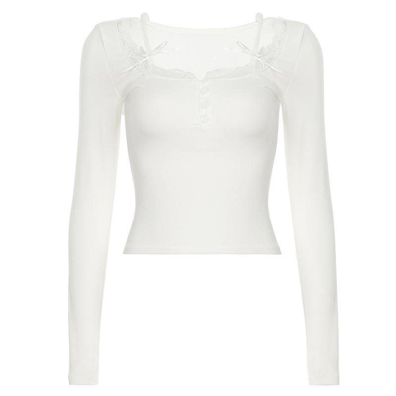 

SCIONE Solid Bow Stitching Square Collar T-shirt Korean Fashion Women s Cropped Top Casual Full Sleeve Skinny Aesthetic T-shirt L белый