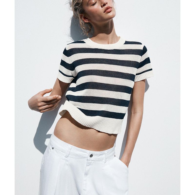 Summer New Arrival Women's Clothing Easiest for Match Leisure Pullover Simple Knitting Stripes round Neck Short Sleeve Tops 2142079