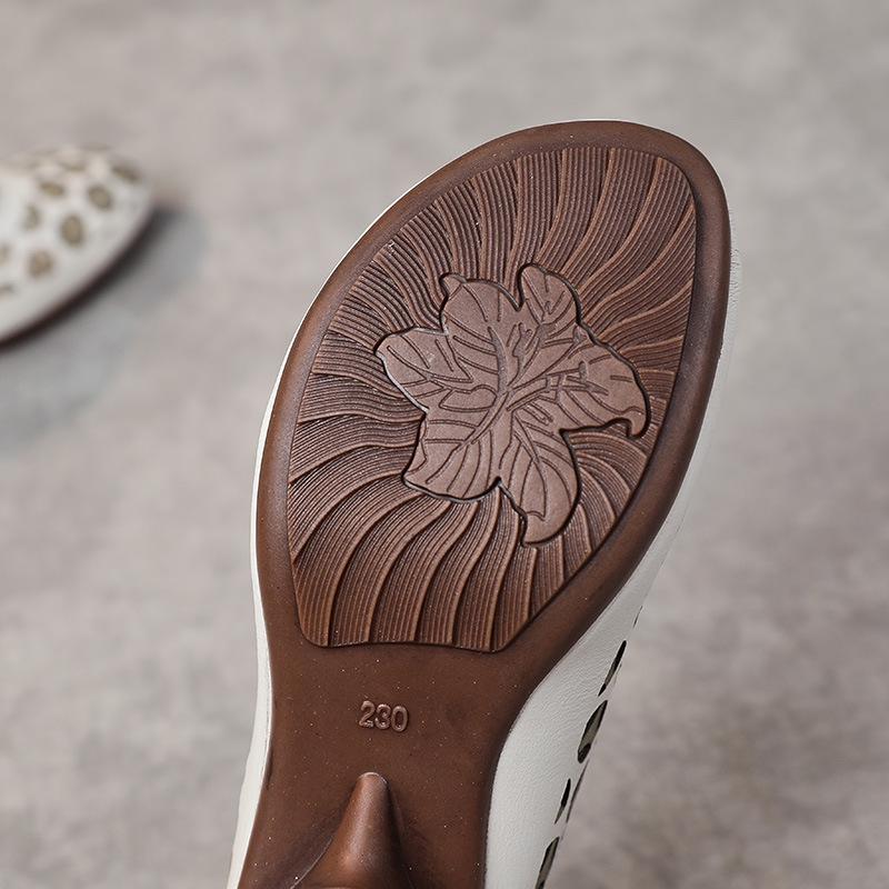 Baotou Women's Genuine Leather Mid-Heel Ethnic Style Slippers - Summer 2025 Hollow Soft Sole Sandals