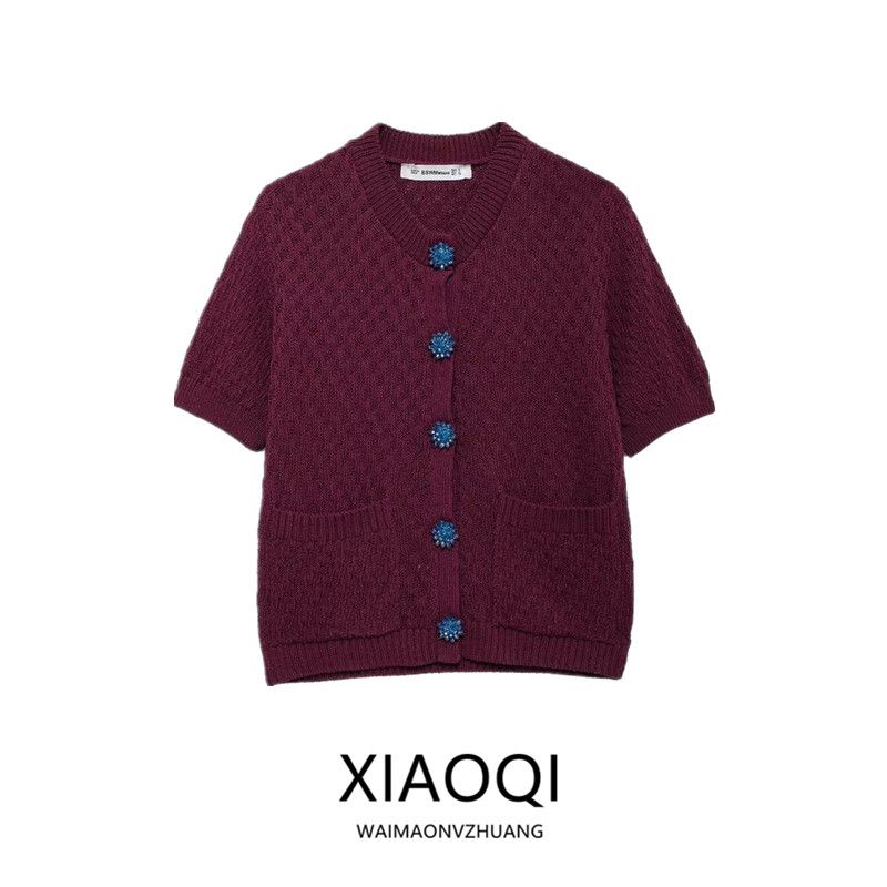 Fashion Style 2024 Autumn New Women's Jewelry Button Decoration Short Sleeve Round Neck Knitting Outwear 6427103