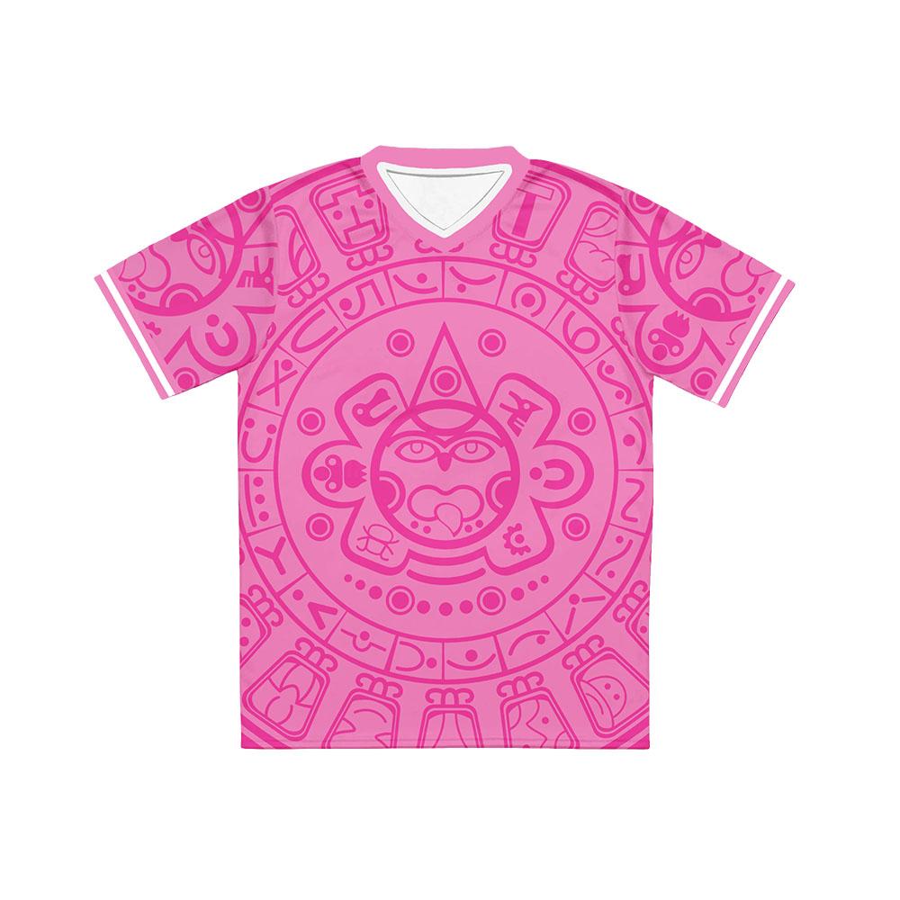 Unisex V‑Neck Sports Jersey Mexico Aztec Calendar Full Print Short Sleeve T‑Shirt Retro Casual Streetwear Tops for Men Women Tee
