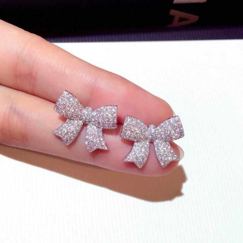 Korean Fashion Zirconia Bow Earrings for Women: Exquisite Silver Dangle Studs, Perfect for a Stylish Look and Internet Celebrity Appeal