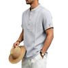 Men Mandarin Collar 3 Button Half Placket Contrast Trim Short Sleeve Shirt With Adjustable Cuff
