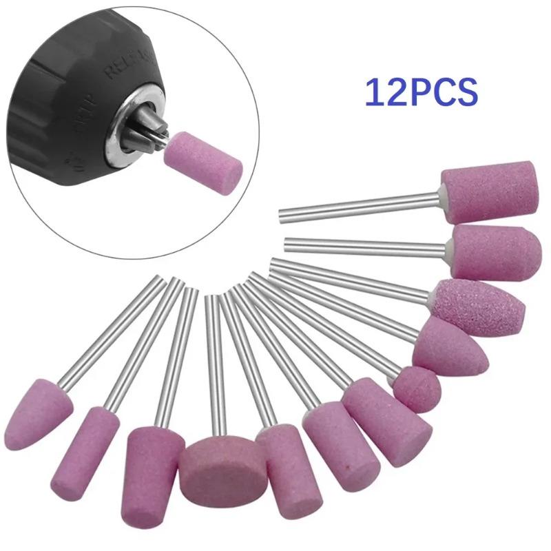 12-Pack Abrasive Mounted Stones - 2.35mm Shank Grinding Points for Dremel Tools, Polishing & Nail Art Accessories