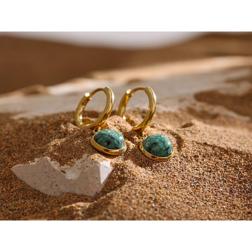 Yhpup Stainless Steel Green Natural Stone Hoop Earrings New Golden Metal Geometric Charm Jewelry Joyería Acero Inoxidable Mujer