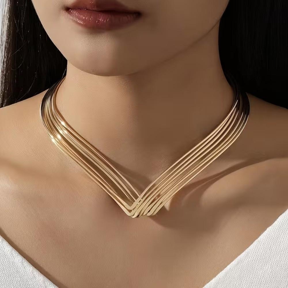 Geometric Jewelry Metallic Multi-Layer Line Necklace Exaggerated Women's Fashion Choker Gifts