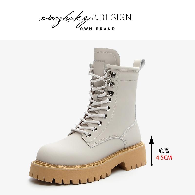 Leather Martin boots women's autumn new rhubarb boots thick-soled inner height-increasing medium boots women
