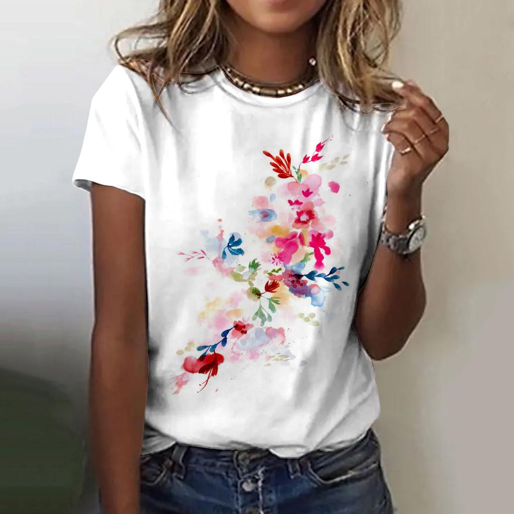 Letní dámské tričko s kulatým výstřihem, 3D květinovým vícebarevným gradientním potiskem, módní, ležérní, s krátkým rukávem