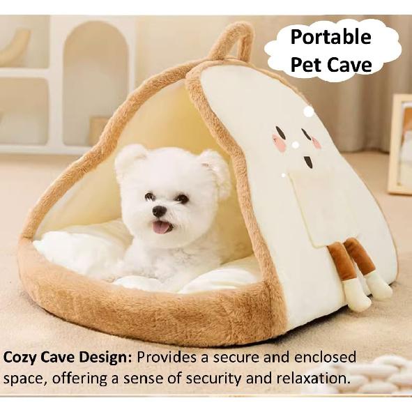 Portable Pet Cave for Puppy Kitten Cute Toast Design for Small Pets Cosy Cuddler (L: up to 11lbs)