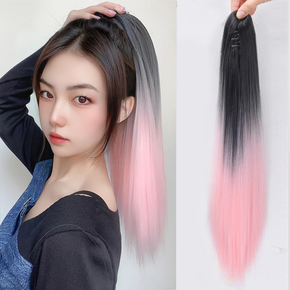 Extension de Cheveux Synthétiques Longs Lisses à Pince Queue de Cheval 22 Pouces Noir Mèches Bleues Grises Postiche Queue de Cheval Perruque Pour Femmes