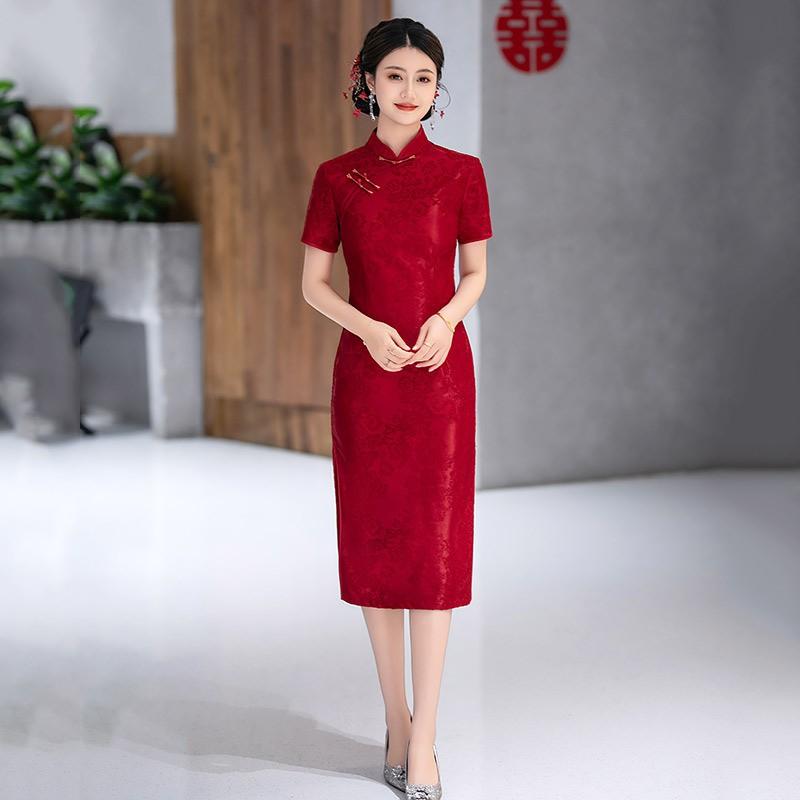 Elegant Vintage Chinese Qipao Dress Women Long Fit-and-Flare With Stand Collar Three-Quarter Sleeve 2025